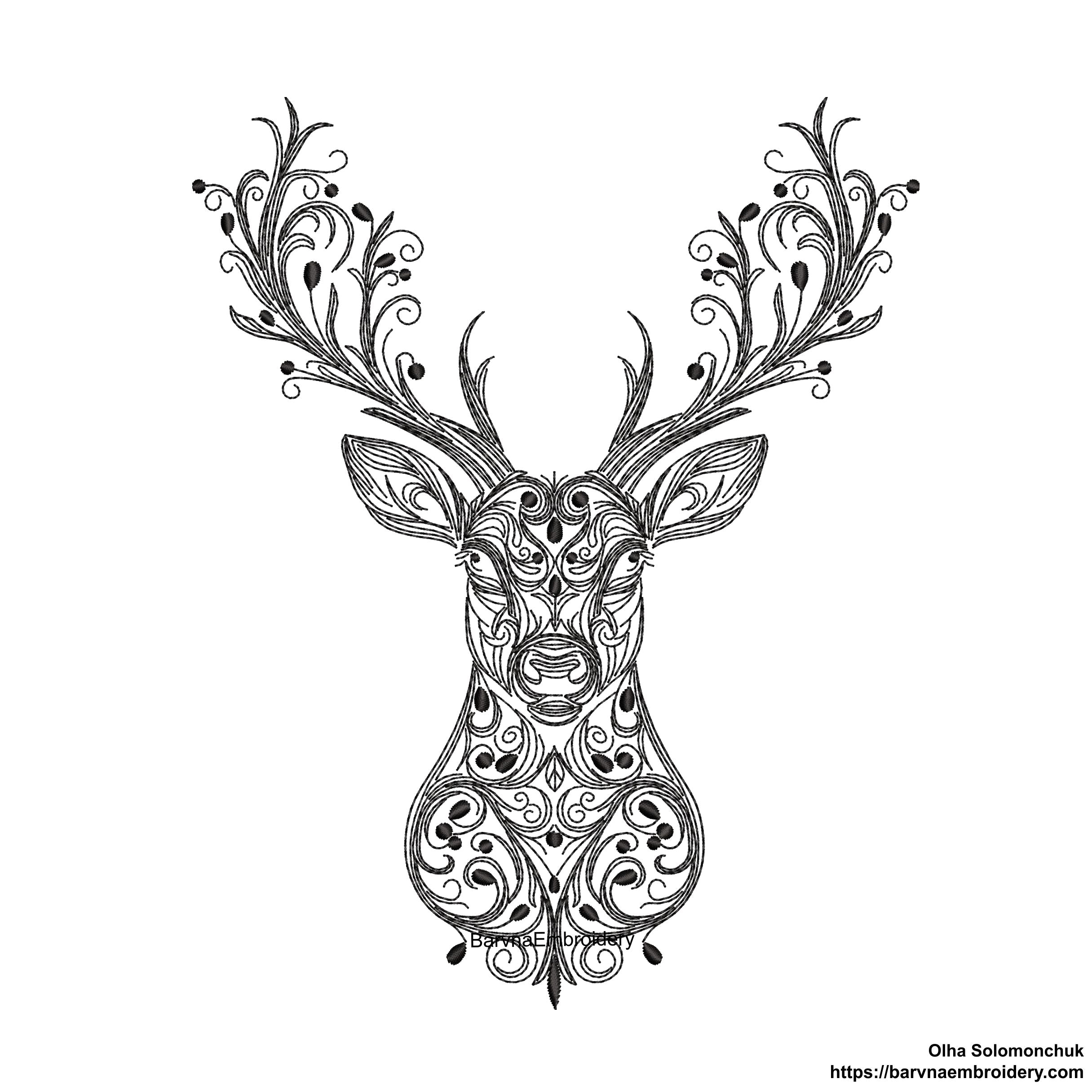 Deer head embroidery design with swirl details – one-color digital machine embroidery file for holiday and winter projects.