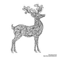 Standing deer embroidery design with swirls – one-color digital machine embroidery file for festive and seasonal projects.