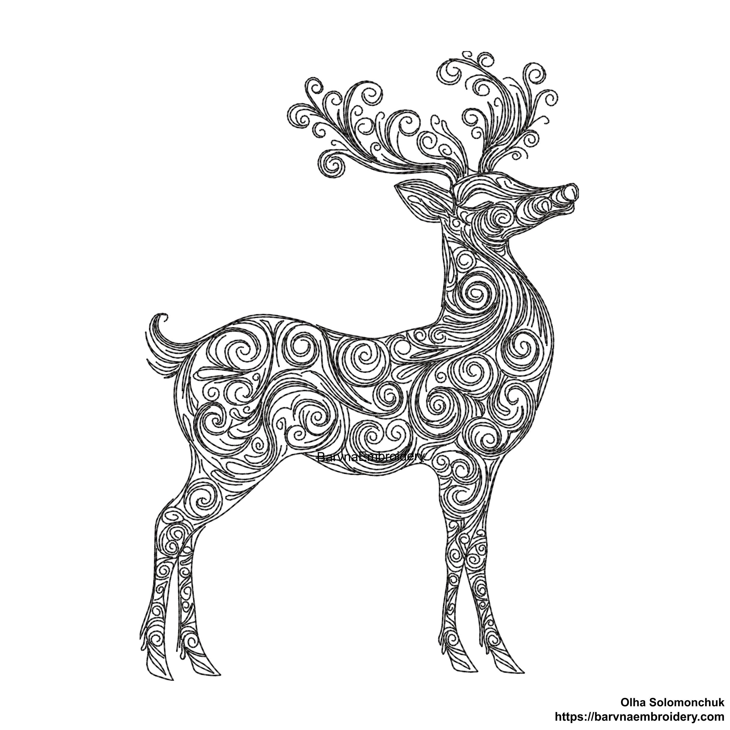 Standing deer embroidery design with swirls – one-color digital machine embroidery file for festive and seasonal projects.