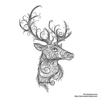 Deer head side view embroidery design with swirls – digital one-color embroidery file for Christmas and winter decor.