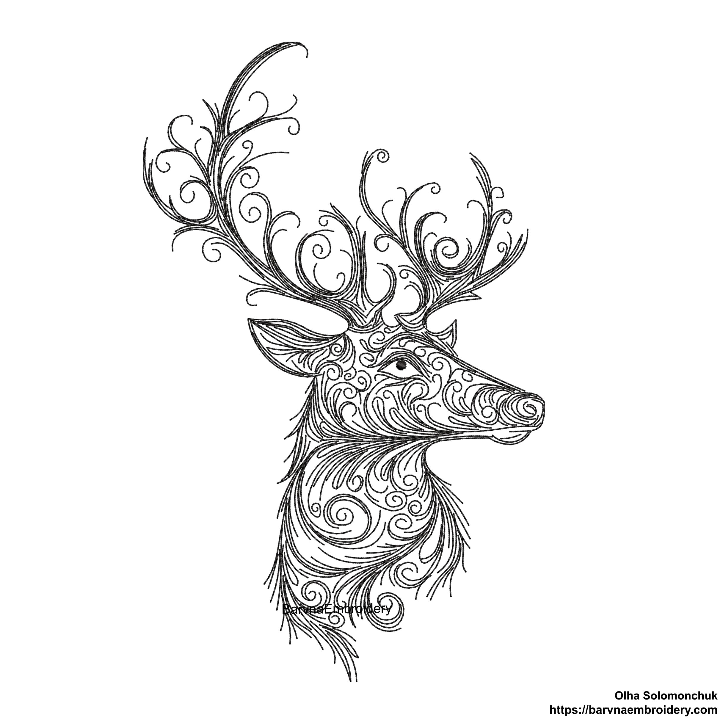 Deer head side view embroidery design with swirls – digital one-color embroidery file for Christmas and winter decor.