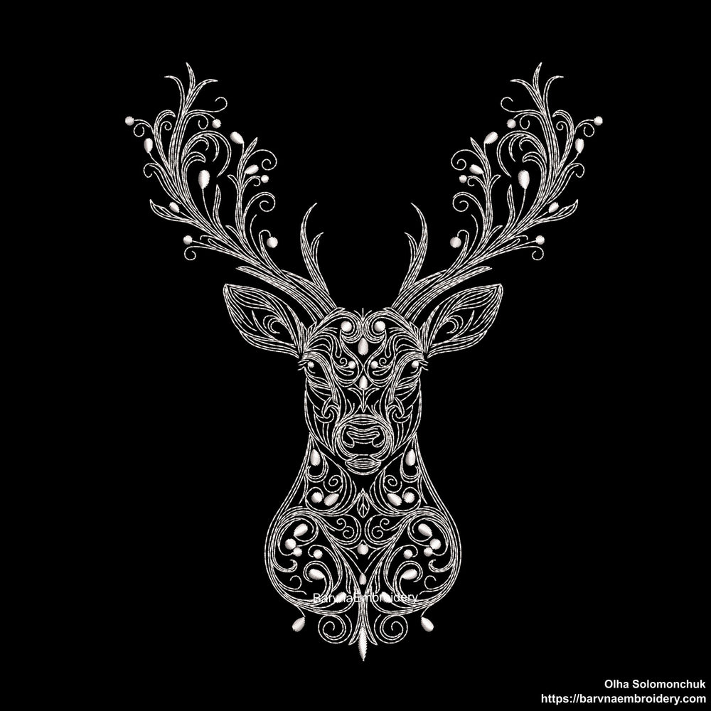 Deer head embroidery design with swirl details – one-color digital machine embroidery file for holiday and winter projects.