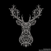 Deer head embroidery design with swirl details – one-color digital machine embroidery file for holiday and winter projects.