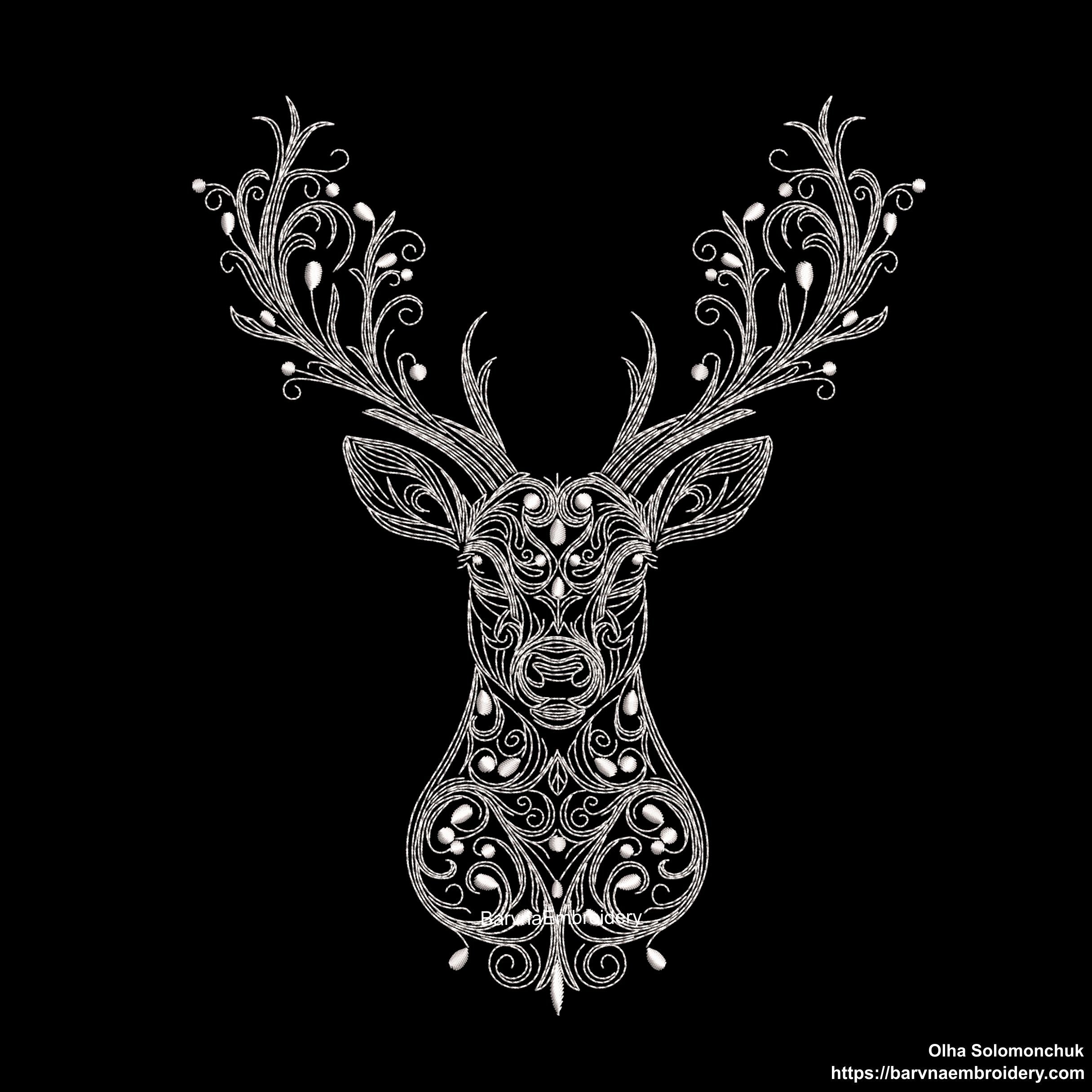 Deer head embroidery design with swirl details – one-color digital machine embroidery file for holiday and winter projects.