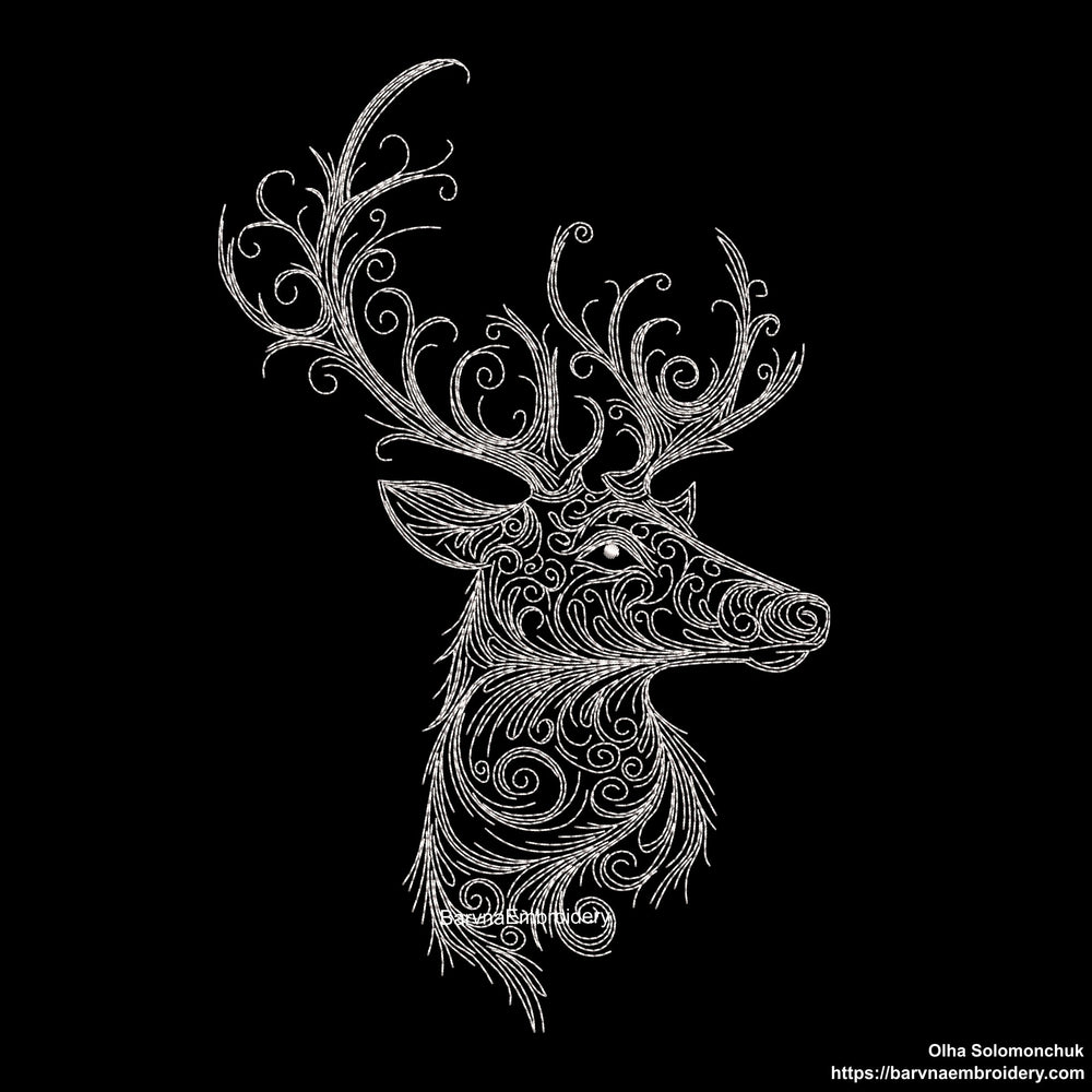 Deer head side view embroidery design with swirls – digital one-color embroidery file for Christmas and winter decor.