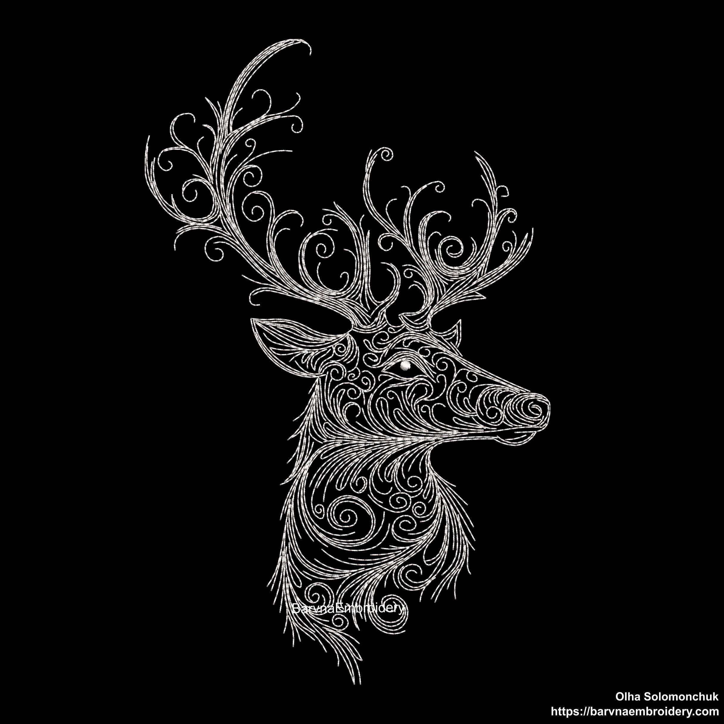 Deer head side view embroidery design with swirls – digital one-color embroidery file for Christmas and winter decor.