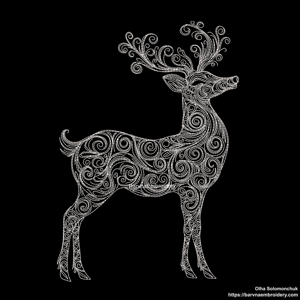 Standing deer embroidery design with swirls – one-color digital machine embroidery file for festive and seasonal projects.