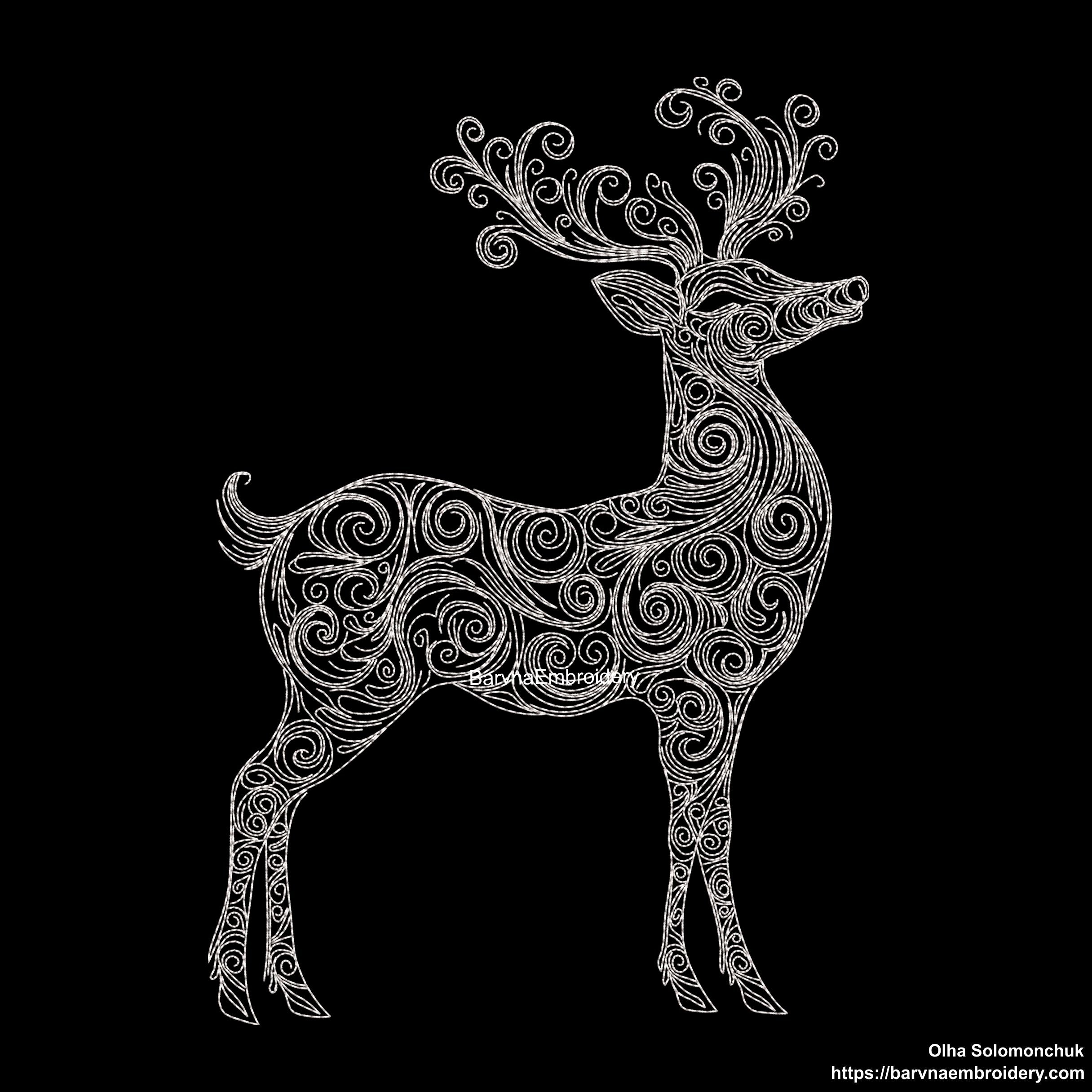Standing deer embroidery design with swirls – one-color digital machine embroidery file for festive and seasonal projects.