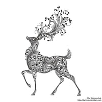 Elegant deer embroidery design with swirl pattern – one-color machine embroidery file for Christmas and winter projects.