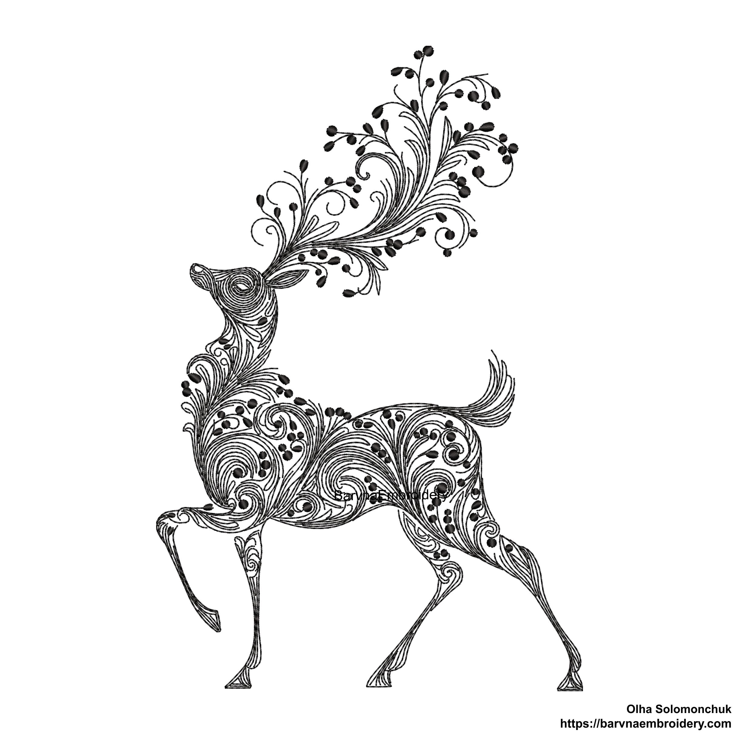 Elegant deer embroidery design with swirl pattern – one-color machine embroidery file for Christmas and winter projects.