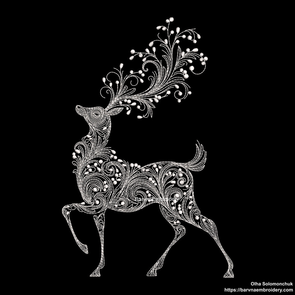 Elegant deer embroidery design with swirl pattern – one-color machine embroidery file for Christmas and winter projects.
