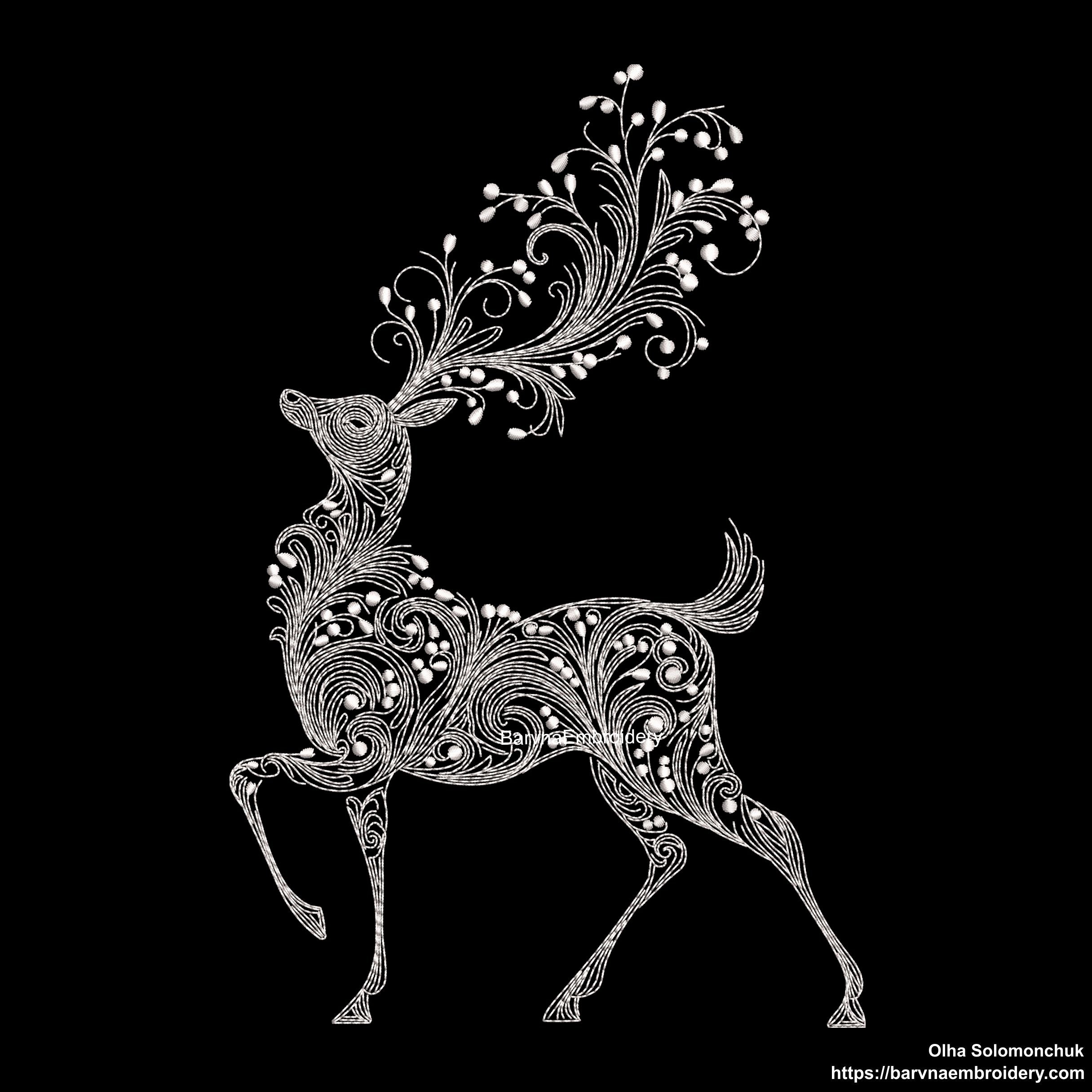 Elegant deer embroidery design with swirl pattern – one-color machine embroidery file for Christmas and winter projects.