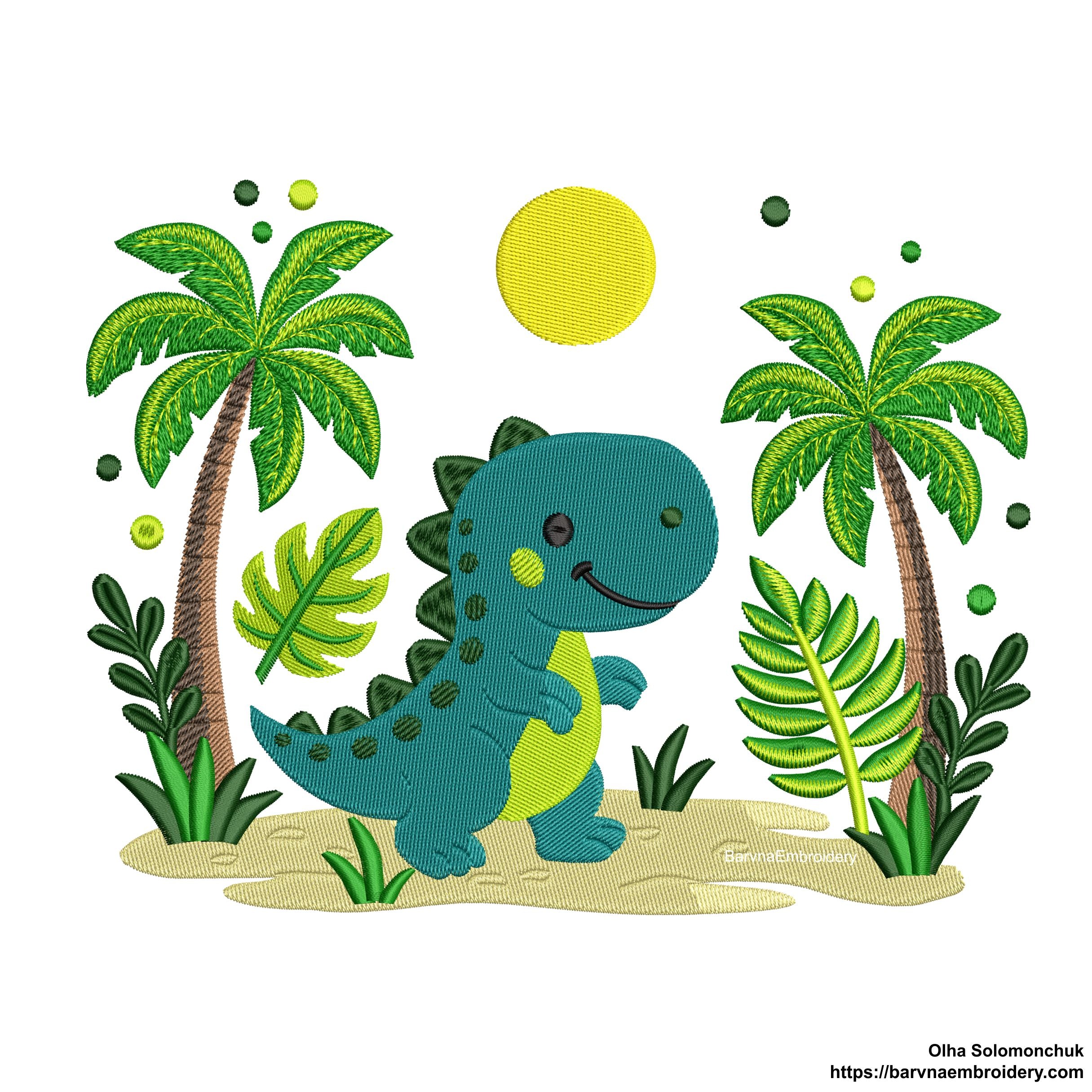 Cute dinosaur embroidery design with palm tree, sand, and sun – perfect for boys’ clothing or nursery decor.