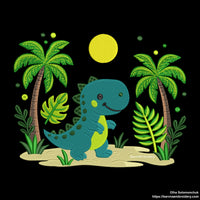 Cute dinosaur embroidery design with palm tree, sand, and sun – perfect for boys’ clothing or nursery decor.
