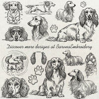 Long haired dachshund line art machine embroidery design in single color digital file for instant download.