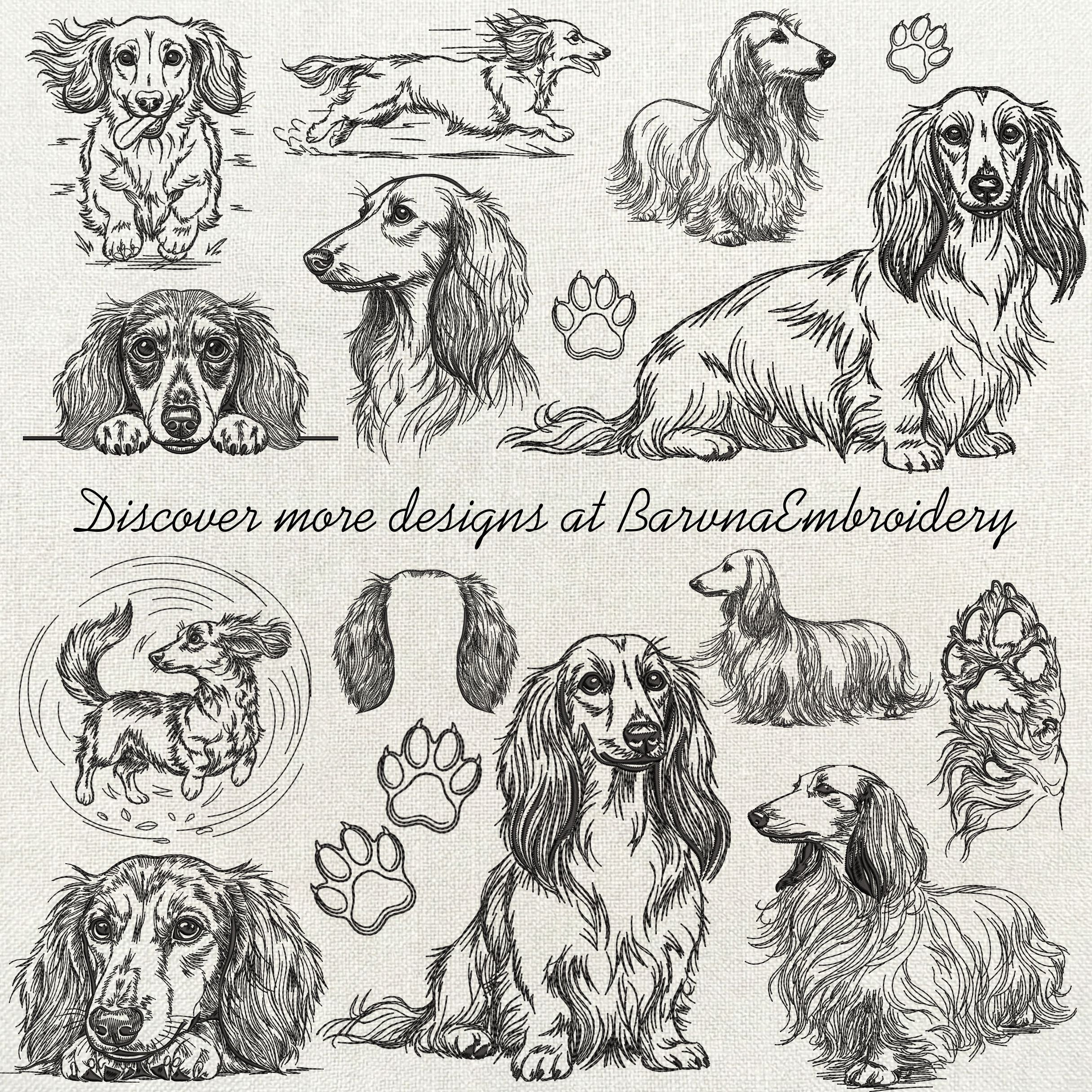 Long haired dachshund line art machine embroidery design in single color digital file for instant download.
