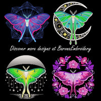 Green luna moth machine embroidery design positioned beneath crescent moon with stars