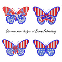 Patriotic butterfly machine embroidery design with floral ornament in USA flag colors and number 250.