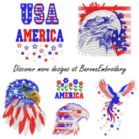 Patriotic machine embroidery design set with eagle and USA lettering in red white and blue colors