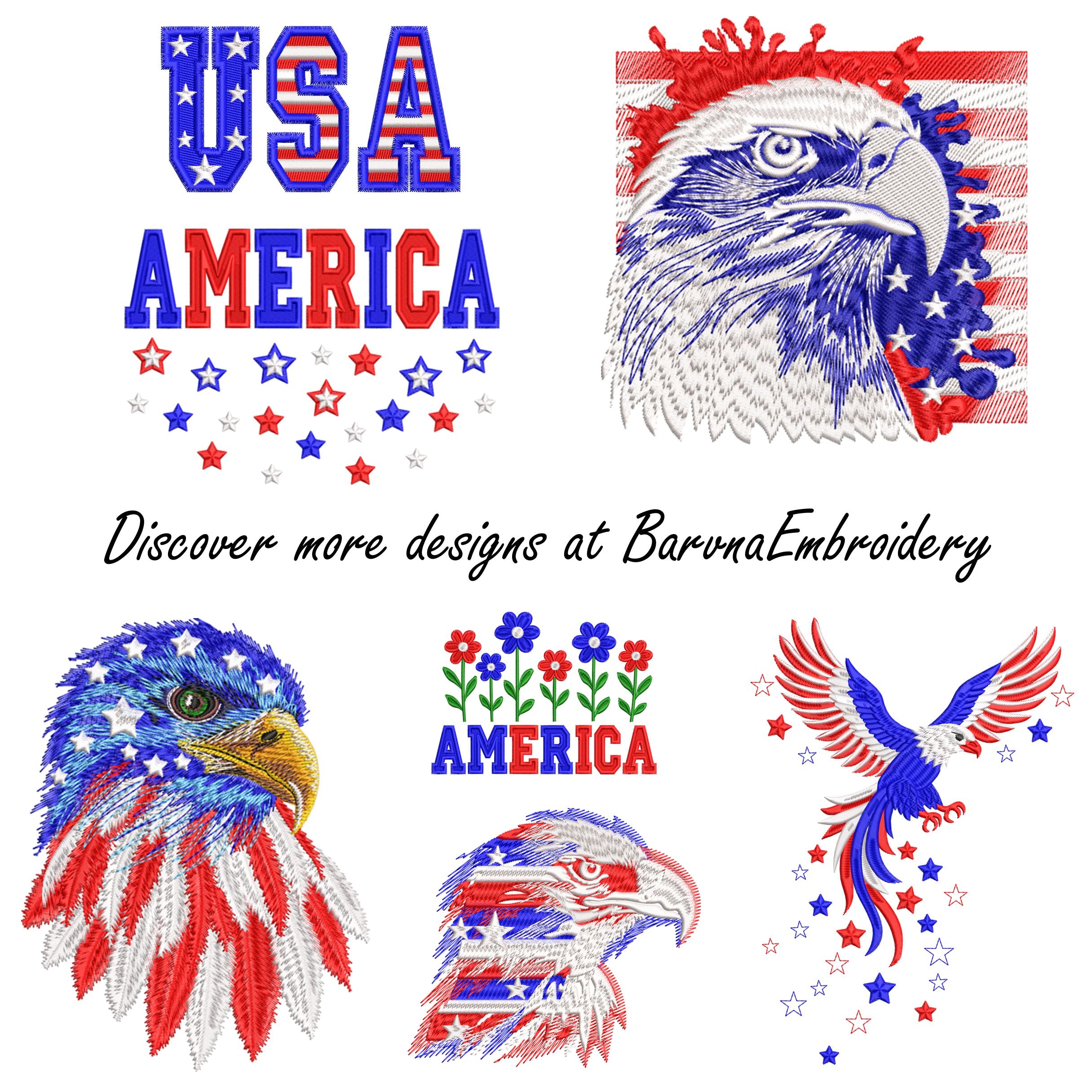 Patriotic machine embroidery design set with eagle and USA lettering in red white and blue colors