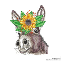 Donkey embroidery designs with sunflower. Animals embroidery designs