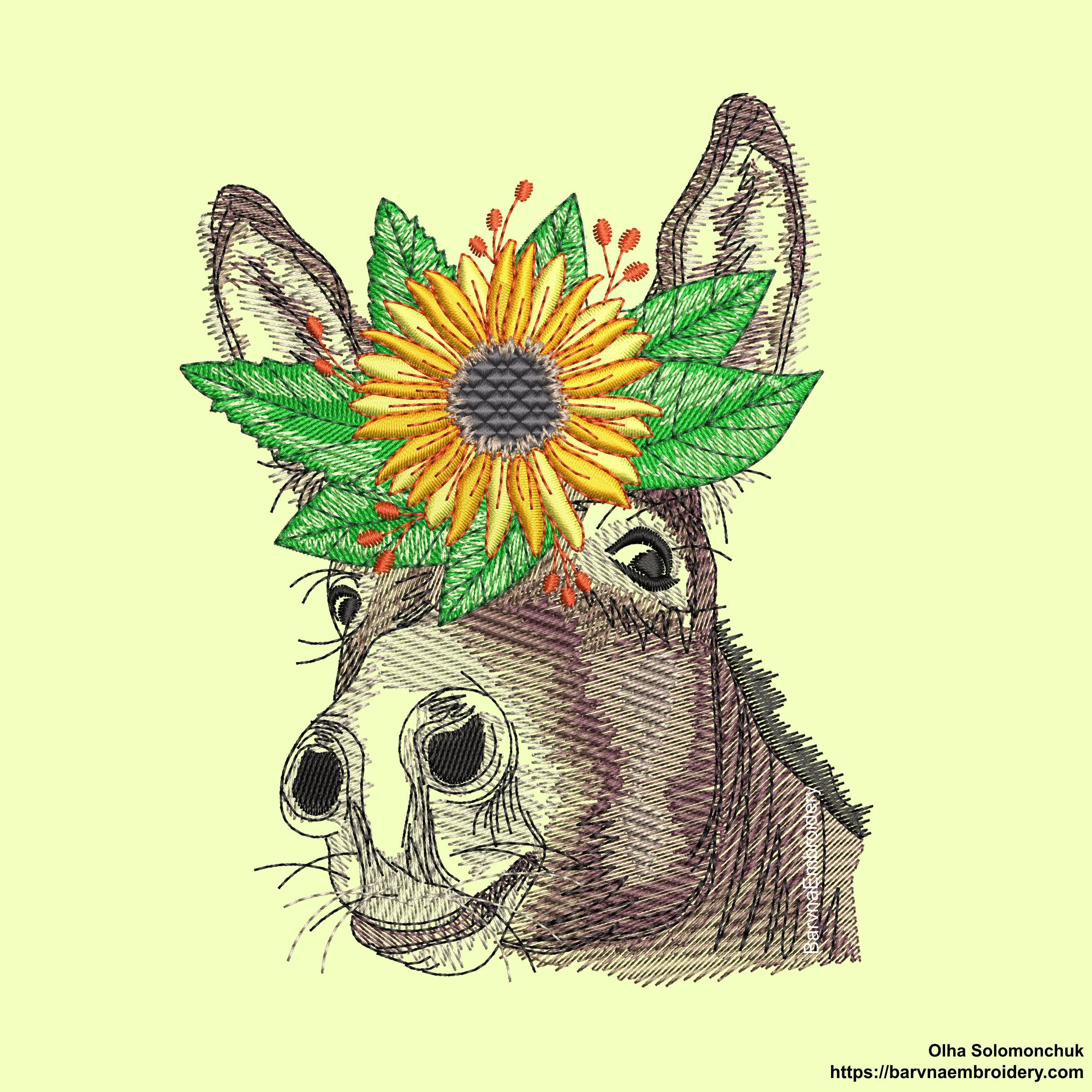 Donkey embroidery designs with sunflower. Animals embroidery designs