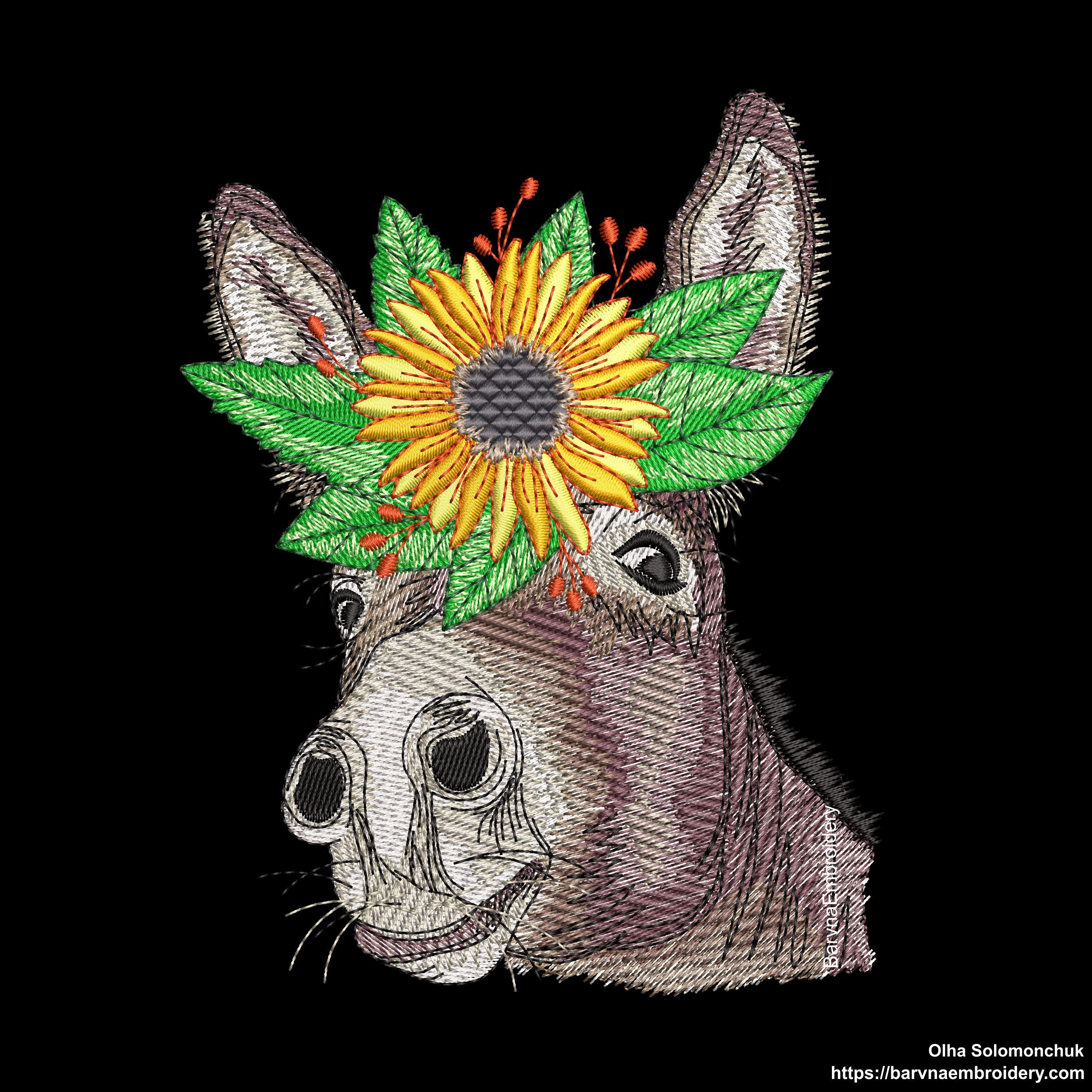 Donkey embroidery designs with sunflower. Animals embroidery designs