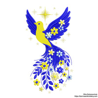 Blue and yellow flying bird embroidery design with stars and flowers trailing from wings – symbolic Ukrainian patriotic motif.