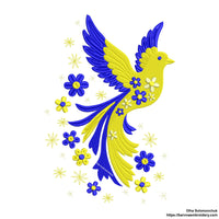 Blue and yellow flying bird embroidery design with stars and flowers trailing from wings – symbolic Ukrainian patriotic motif.