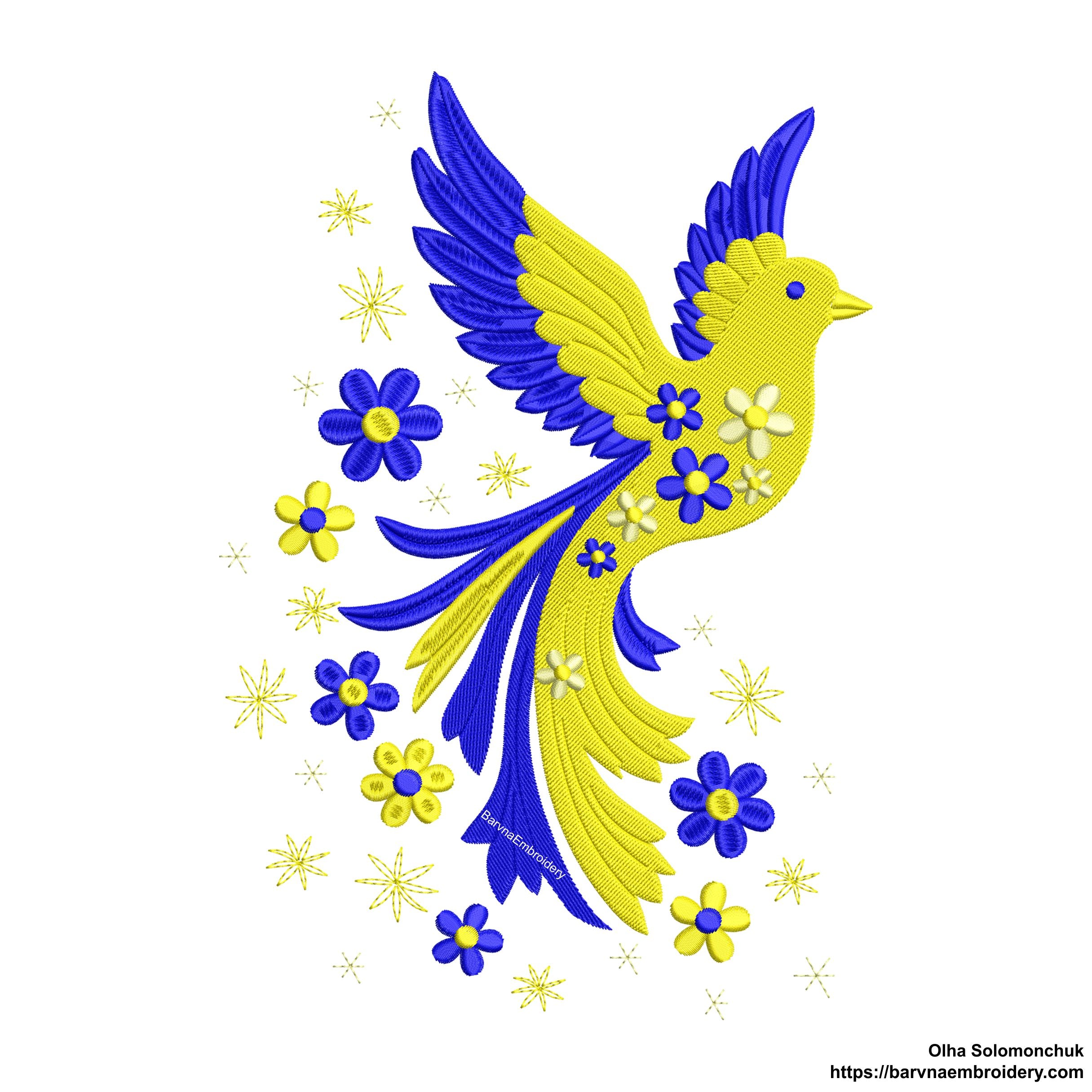 Blue and yellow flying bird embroidery design with stars and flowers trailing from wings – symbolic Ukrainian patriotic motif.