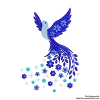 Machine embroidery design of a flying dove with flowers and stars trailing from its tail.