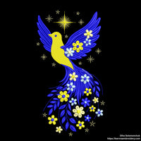Blue and yellow flying bird embroidery design with stars and flowers trailing from wings – symbolic Ukrainian patriotic motif.