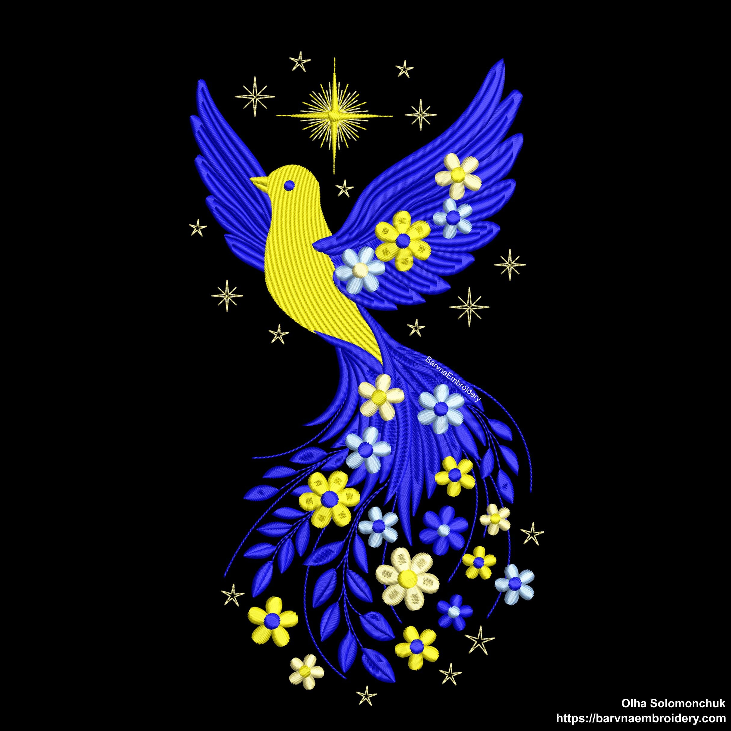 Blue and yellow flying bird embroidery design with stars and flowers trailing from wings – symbolic Ukrainian patriotic motif.