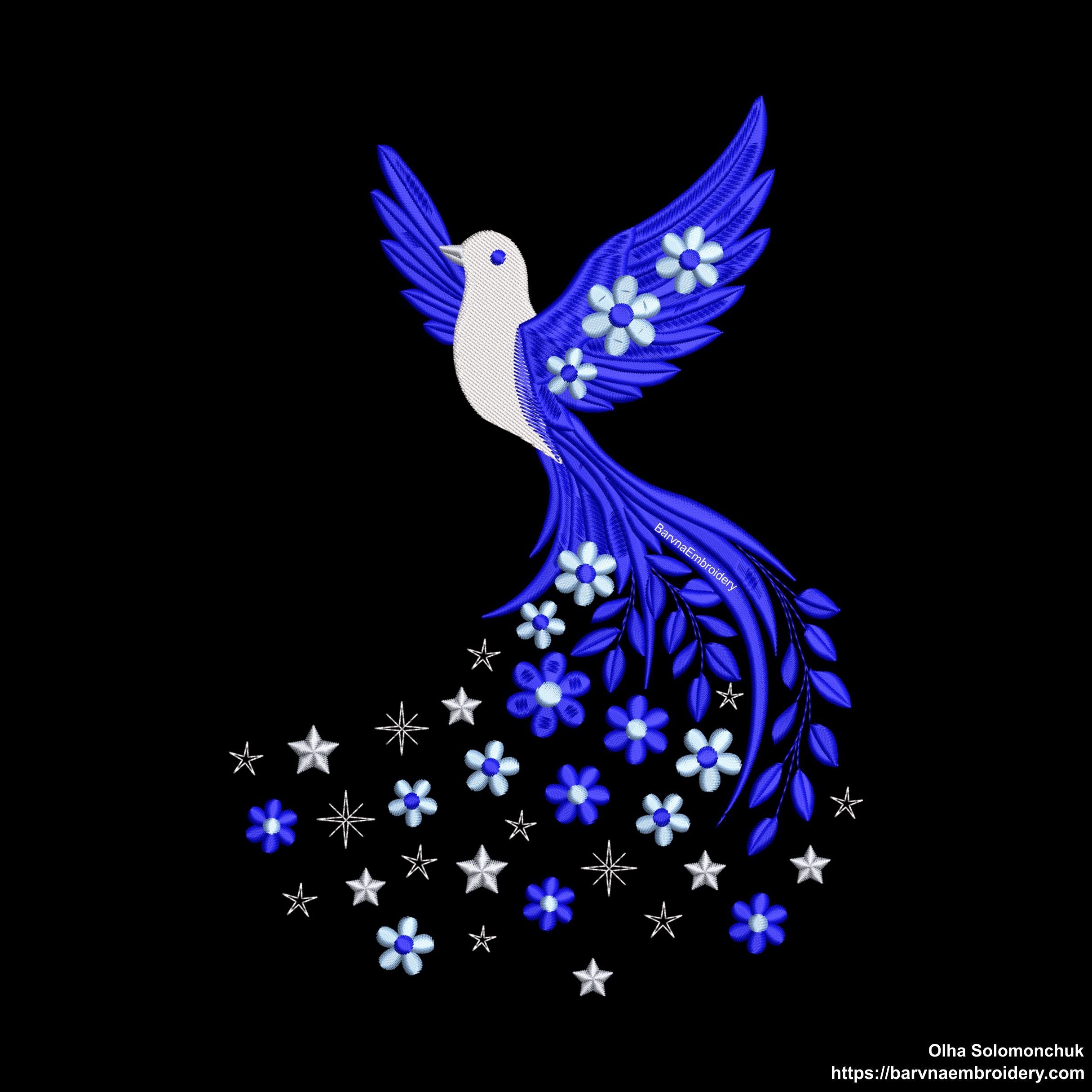 Machine embroidery design of a flying dove with flowers and stars trailing from its tail.
