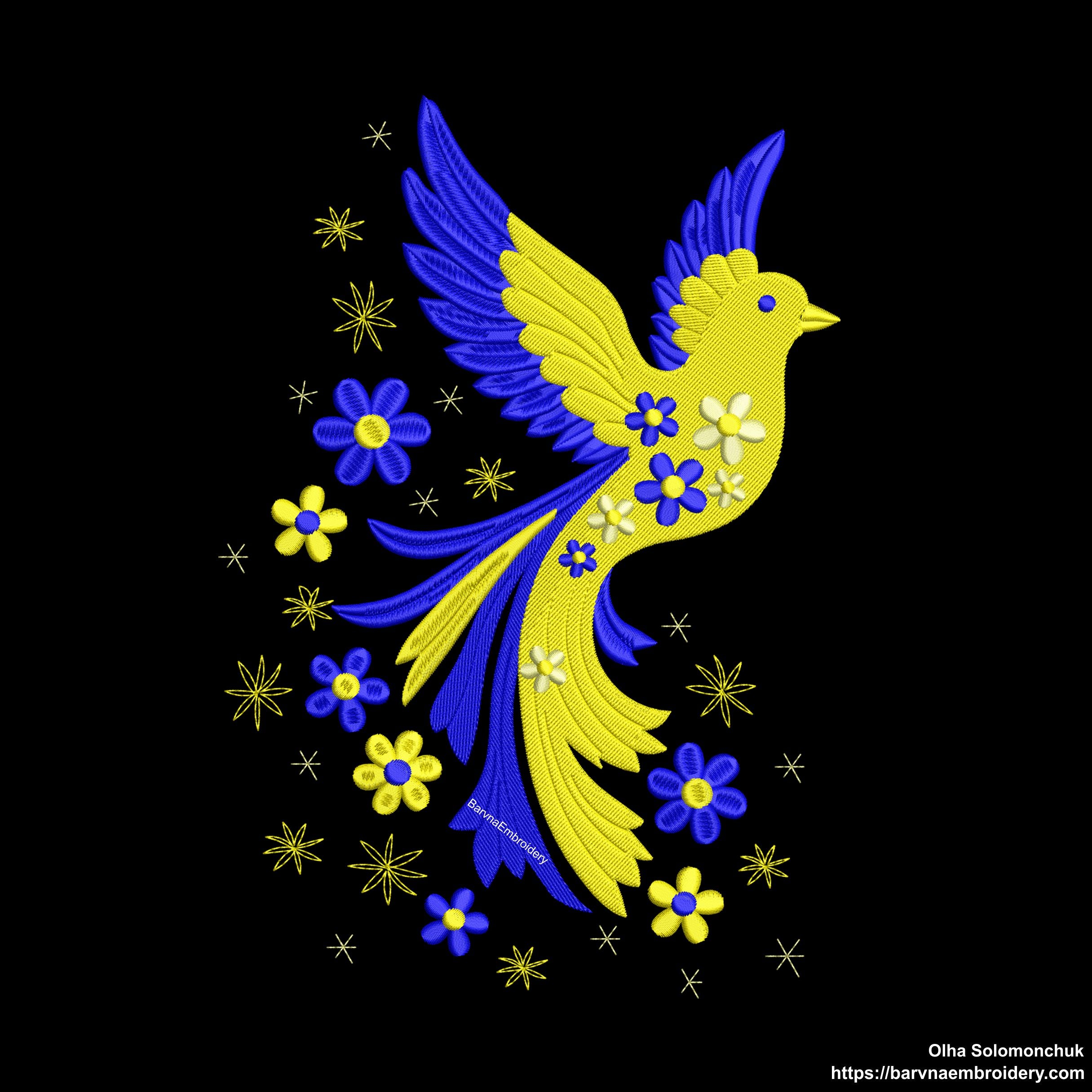 Blue and yellow flying bird embroidery design with stars and flowers trailing from wings – symbolic Ukrainian patriotic motif.