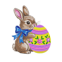 Cute Easter bunny with blue bow hugging decorated egg, spring machine embroidery design digital file for instant download.