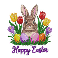 Easter bunny embroidery design with spring flowers eggs and Happy Easter text