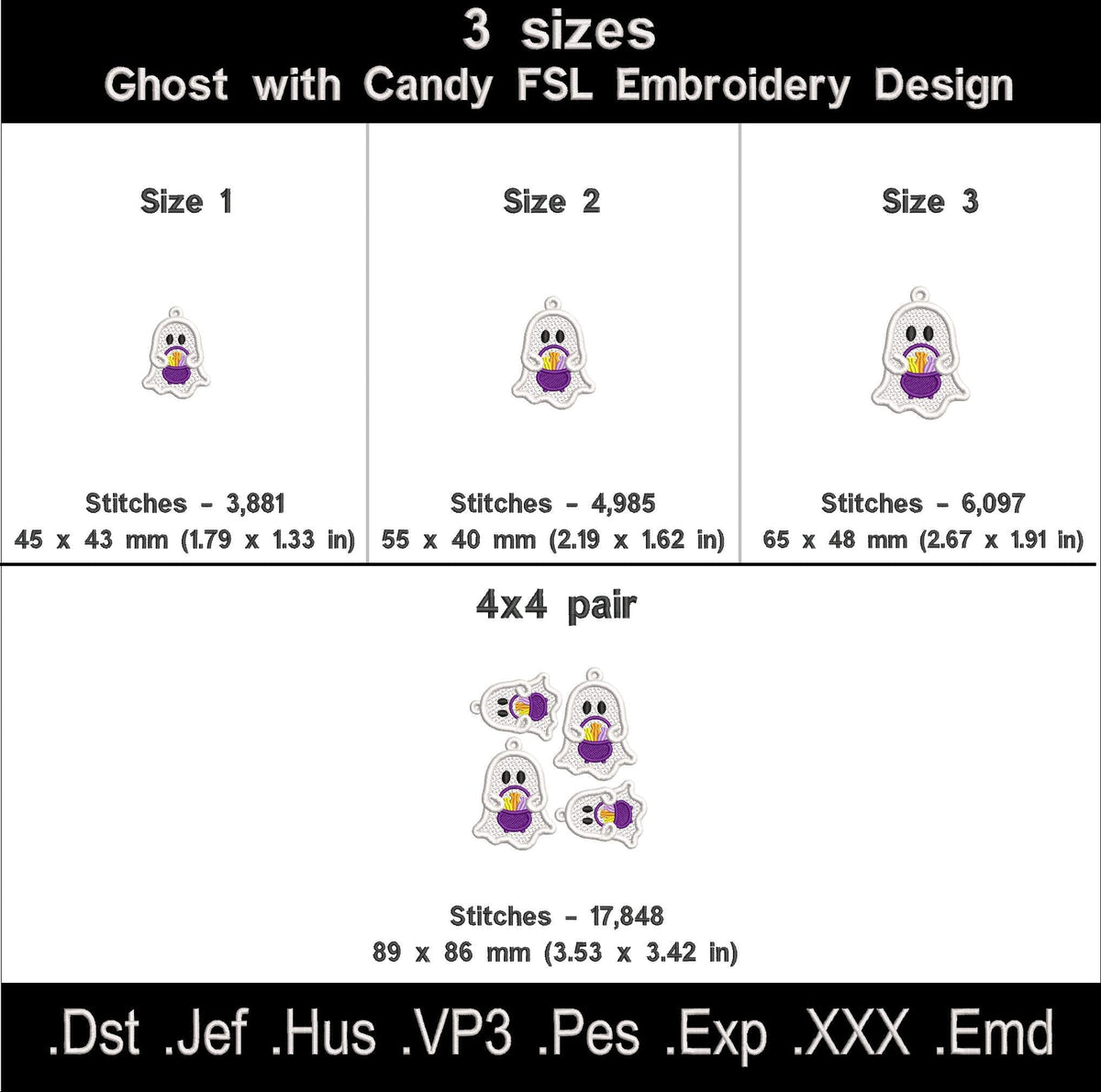 A size and stitch-count chart for a ghost embroidery design with Candy FSL branding. The chart shows three sizes labeled Size 1, Size 2, and Size 3, each with a small preview of the ghost design and the number of stitches and dimensions.