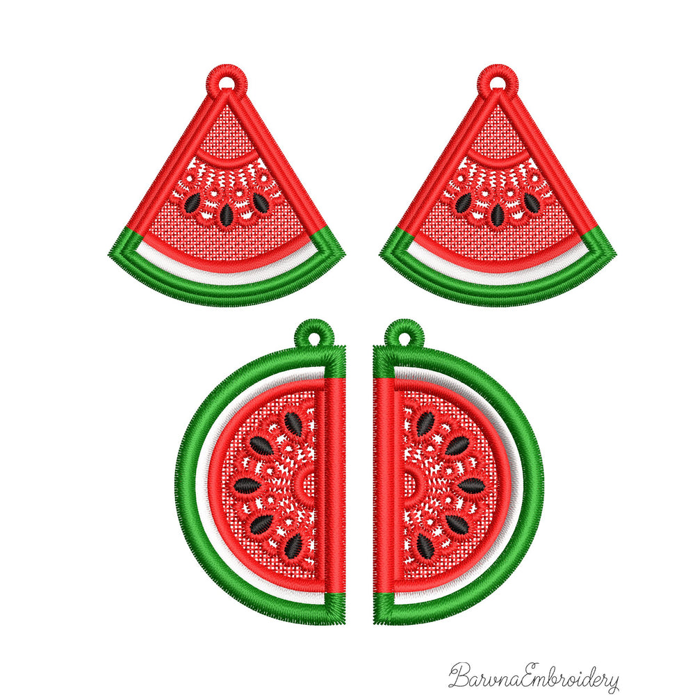 Two mirrored FSL watermelon slice earrings — a machine embroidery design in Free Standing Lace technique, showing red lace fill, black seeds, and green border with a hanging loop.