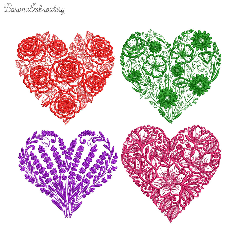 Set of four floral heart machine embroidery designs in single color style, romantic love themed embroidery collection.