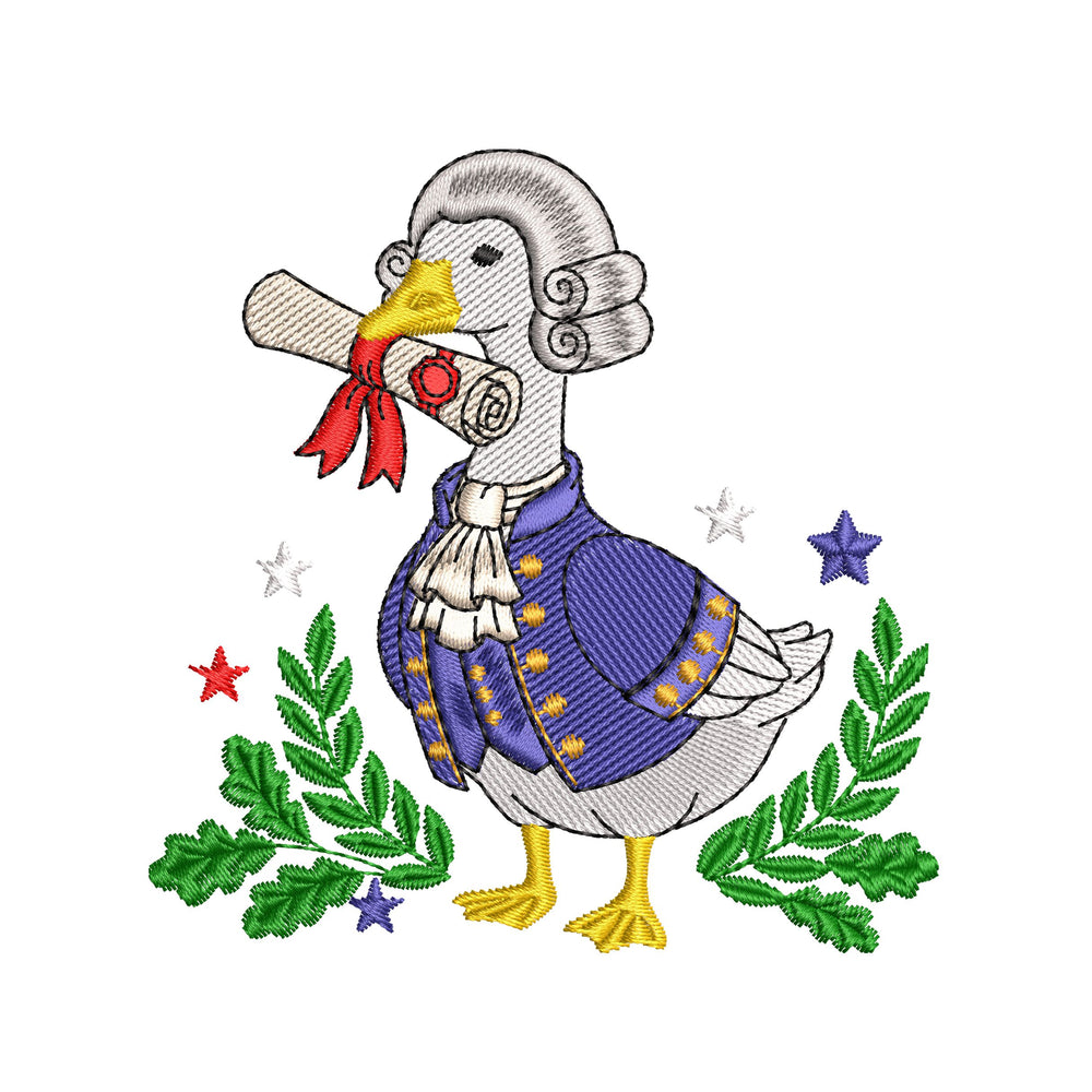 Historic patriotic goose embroidery design wearing a classic wig and holding a scroll