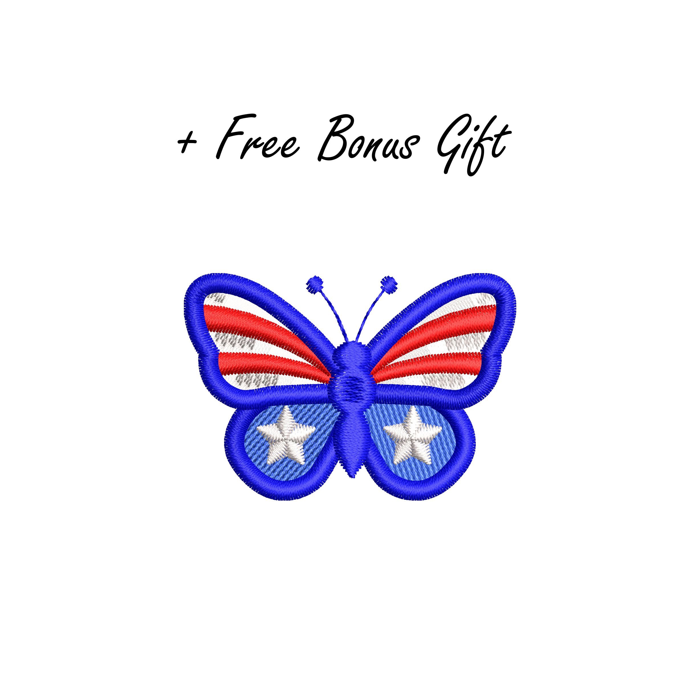 Machine embroidery butterfly design with stars and number 250 placed on the wing in patriotic colors.