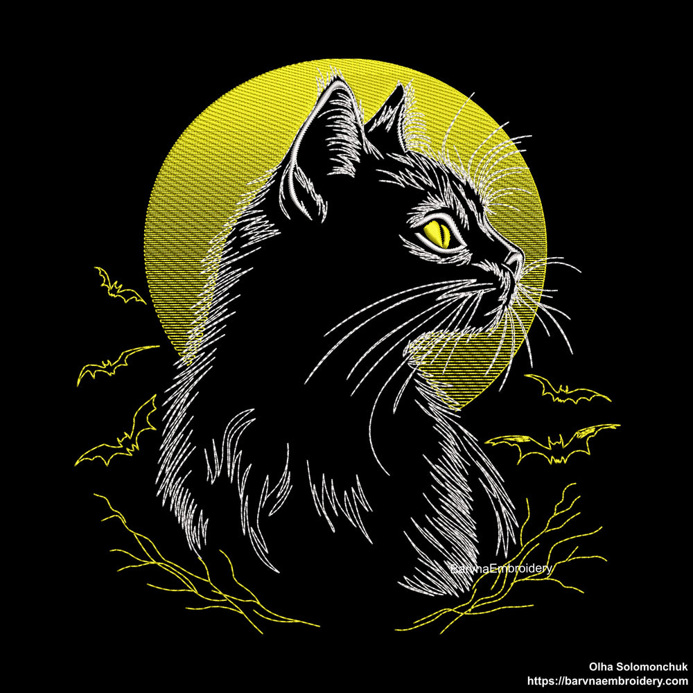 Halloween machine embroidery design with cat on the moon and flying bats – light outline, perfect for dark fabric.