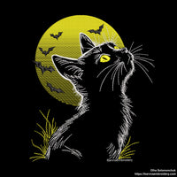 Spooky Halloween embroidery design with cat silhouette, moon, and bats – perfect for stitching on dark fabric.