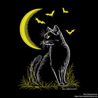 Halloween machine embroidery design with cat on the moon and flying bats – light outline, perfect for dark fabric.