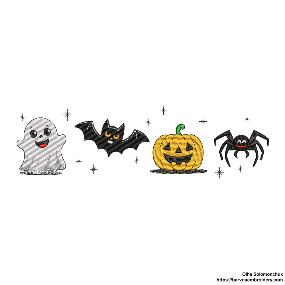 Halloween embroidery design with ghost, bat, pumpkin, and spider in a cute spooky style – perfect for seasonal projects.