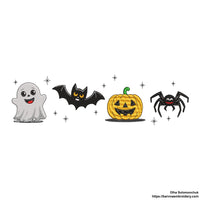 Halloween embroidery design with ghost, bat, pumpkin, and spider in a cute spooky style – perfect for seasonal projects.