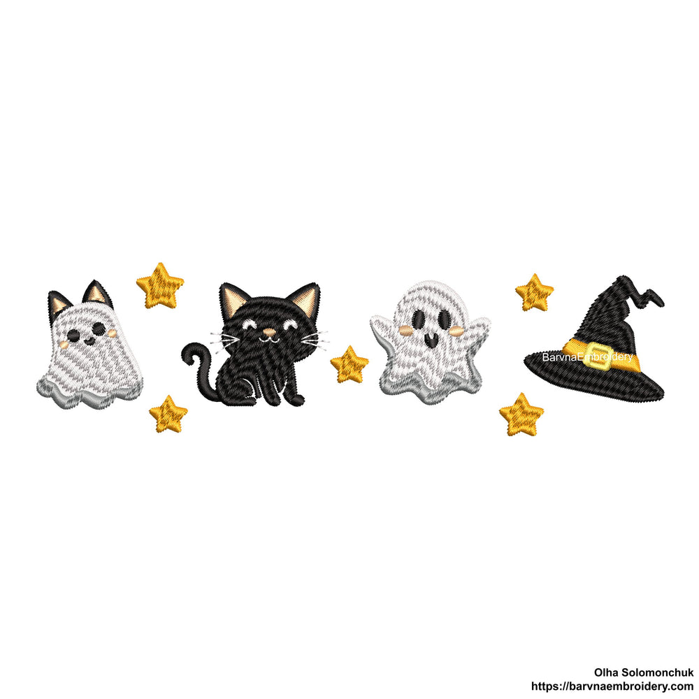 Halloween embroidery design with four cute funny ghosts and cat – perfect for spooky seasonal sewing projects.
