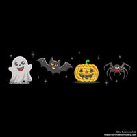 Halloween embroidery design with ghost, bat, pumpkin, and spider in a cute spooky style – perfect for seasonal projects.