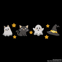 Halloween embroidery design with four cute funny ghosts and cat – perfect for spooky seasonal sewing projects.